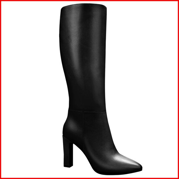 Knee High Boots Women Faux Leather Block Heel Pointed Toe Side Zip